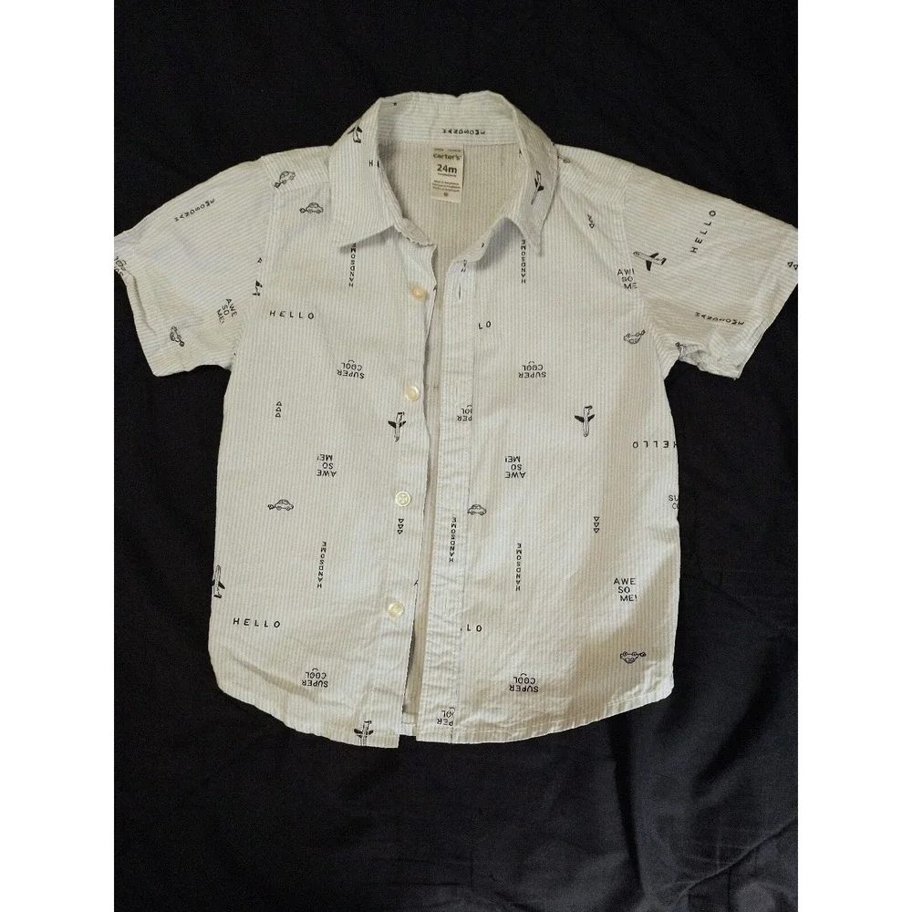 Carters Button Up T-shirt 24M Toddler Boy Blue Cotton Planes Cars Awesome Print